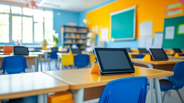 A classroom with smart technology, allowing for digital learning and interactive student engagement with modern tools