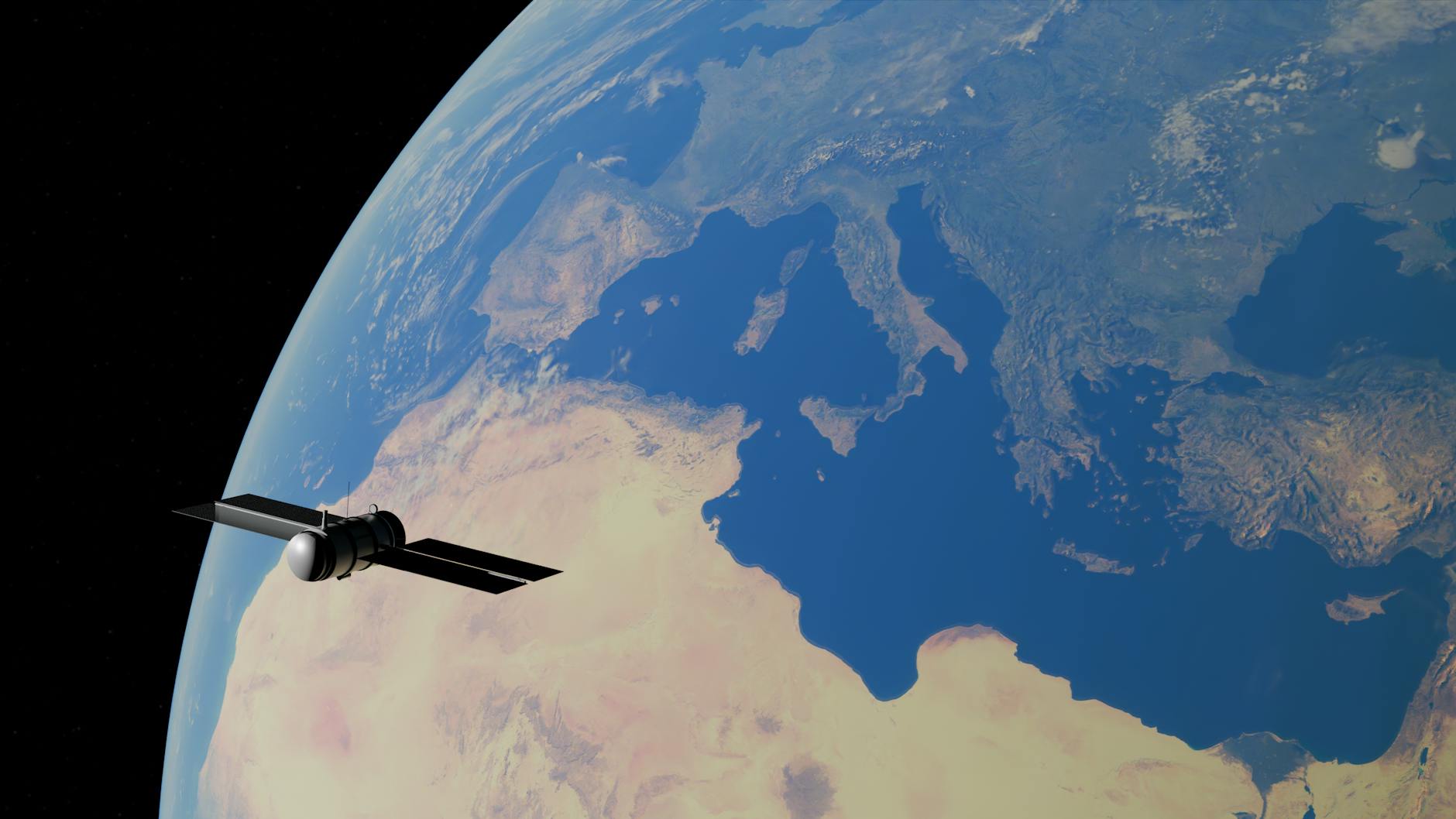 Satelita nad Ziemią z widocznym Morzem Śródziemnym i kontynentami
