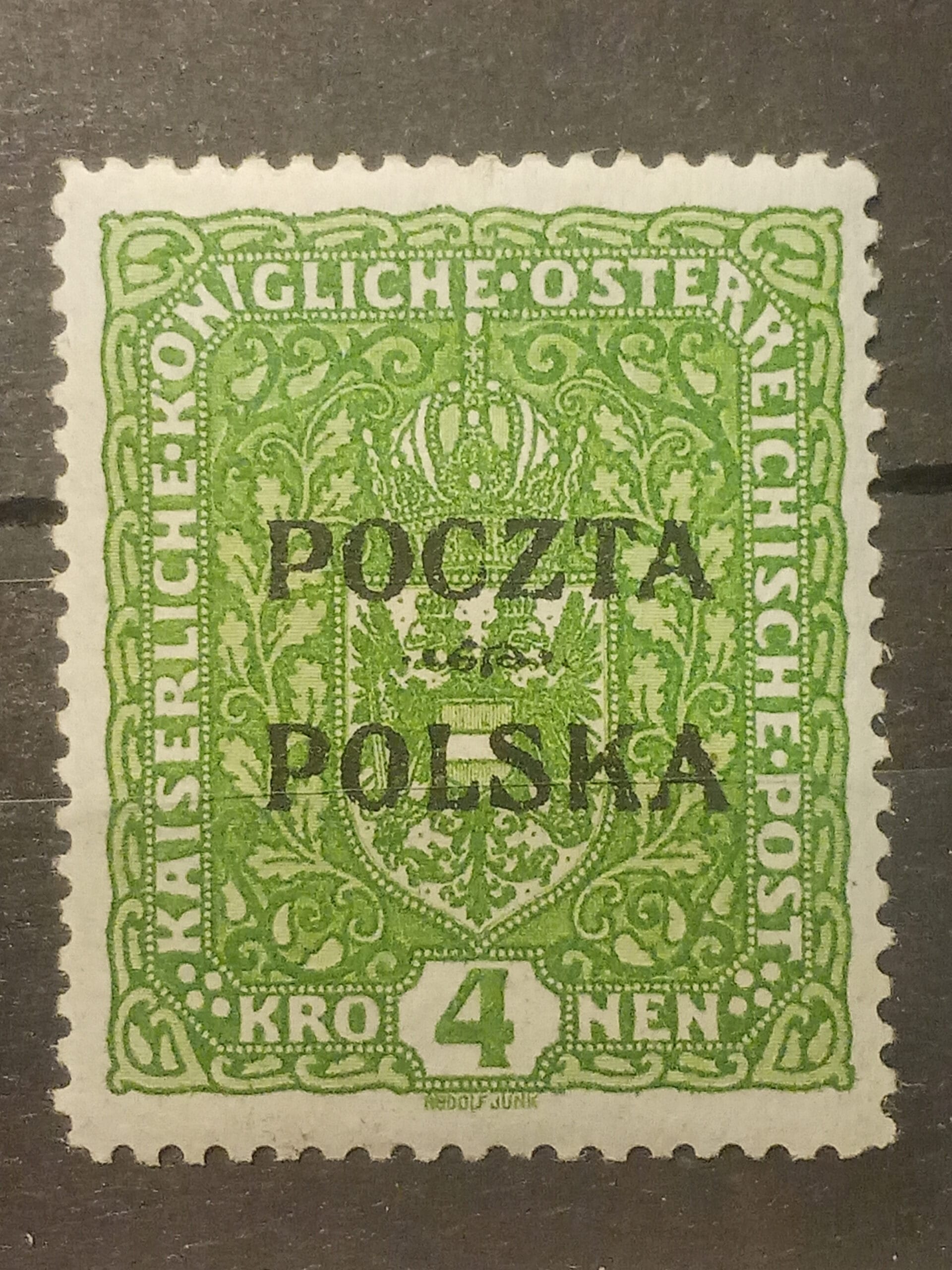 Austriacki znaczek pocztowy z czarnym, typograficznym nadrukiem 'Poczta Polska' wykonanym w drukarni Anczyca w Krakowie w 1919 roku