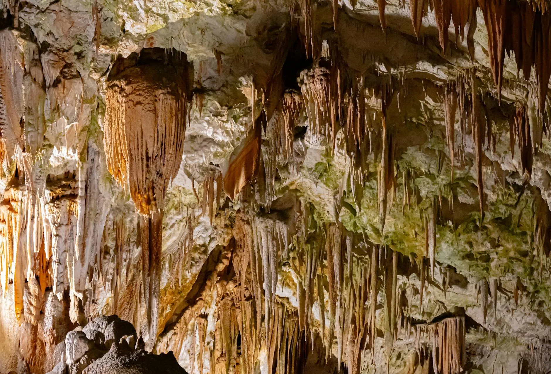 Stalaktyty i formacje skalne w jaskini Postojna w Słowenii