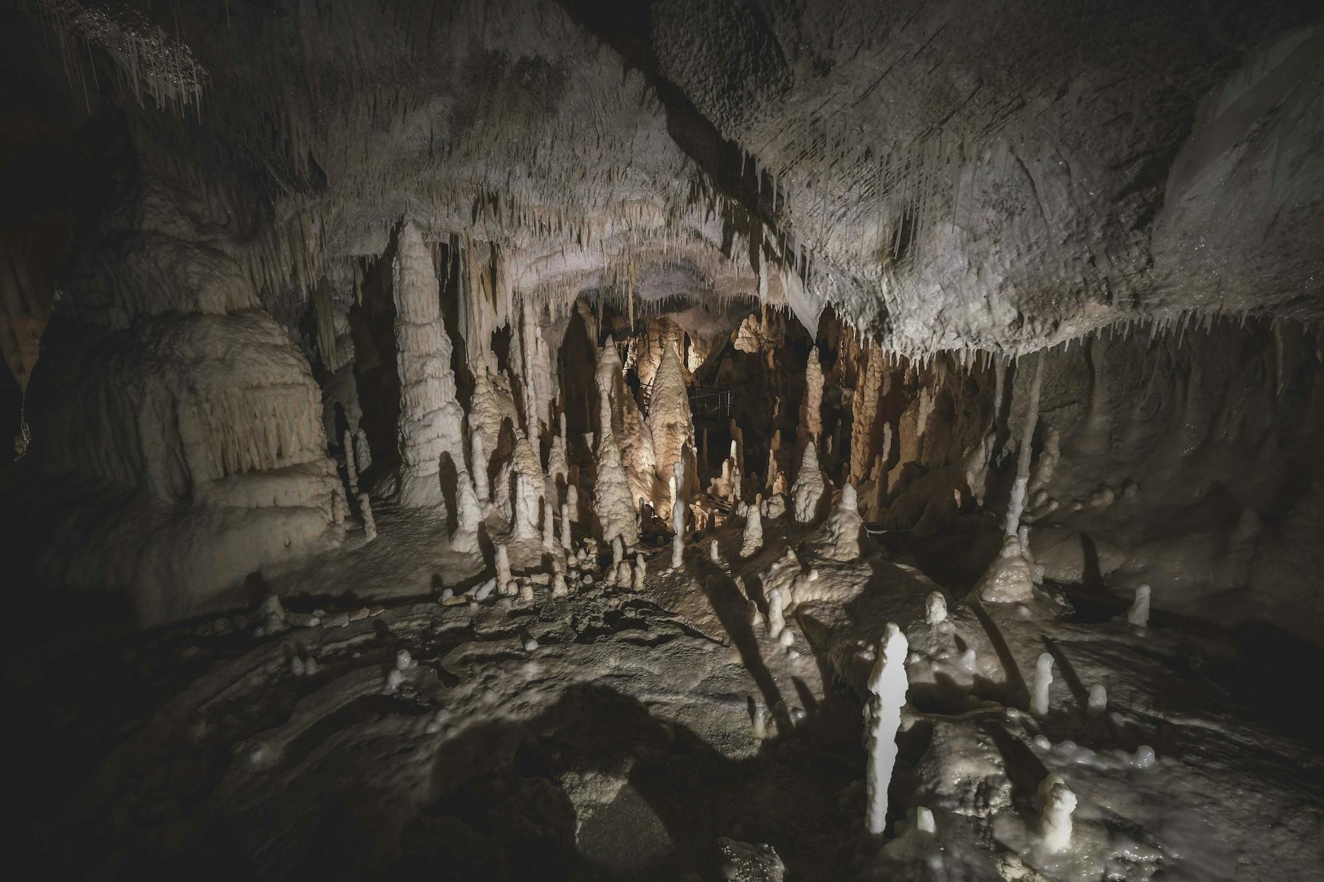 Wnętrze jaskini z licznymi stalaktytami i stalagmitami