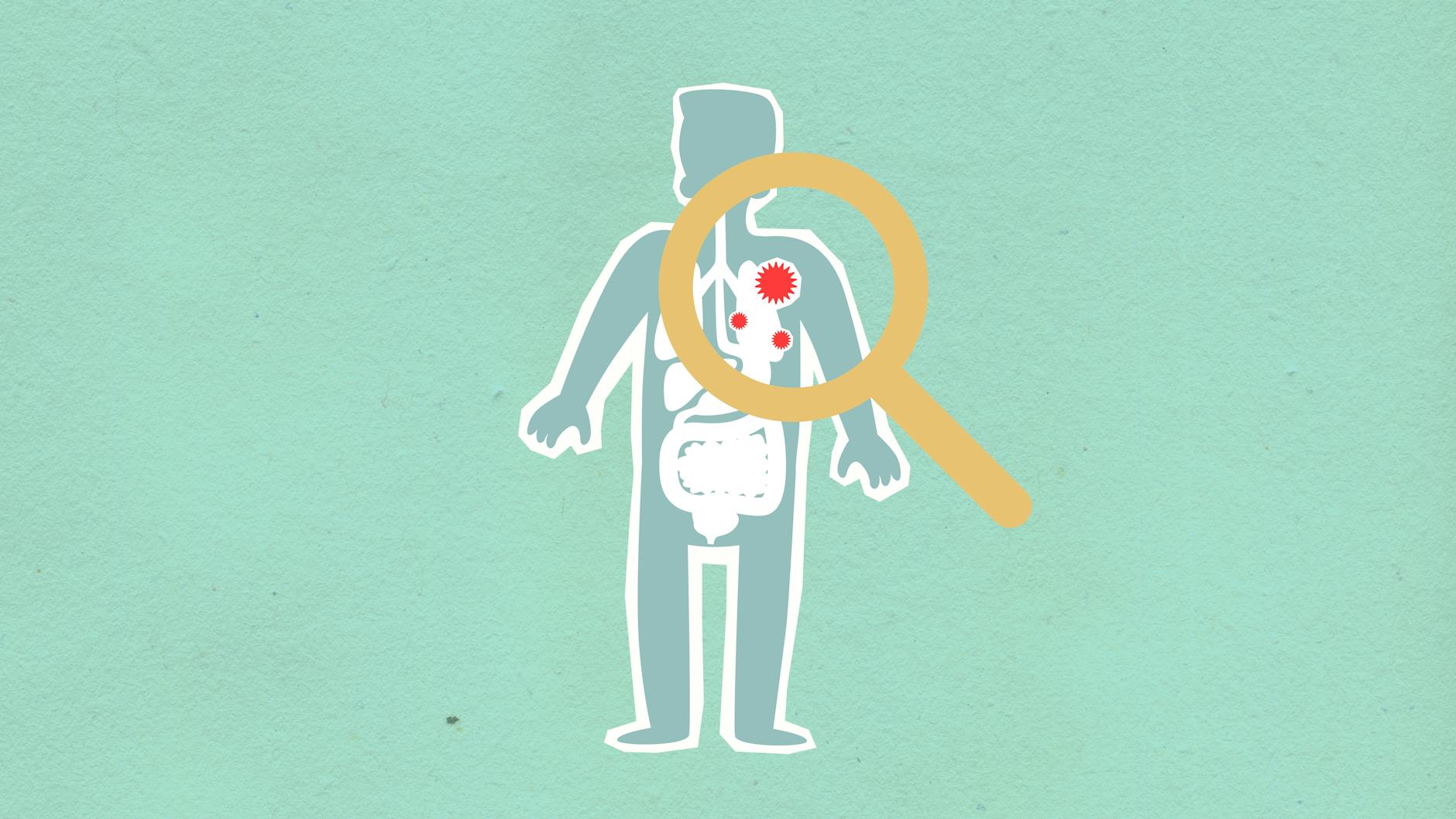 Papierowa sylwetka człowieka pod lupą z czerwonymi wirusami w narządach