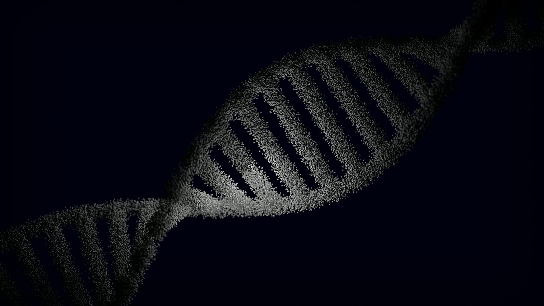 Artystyczna ilustracja nici DNA z cząsteczkami na ciemnym tle