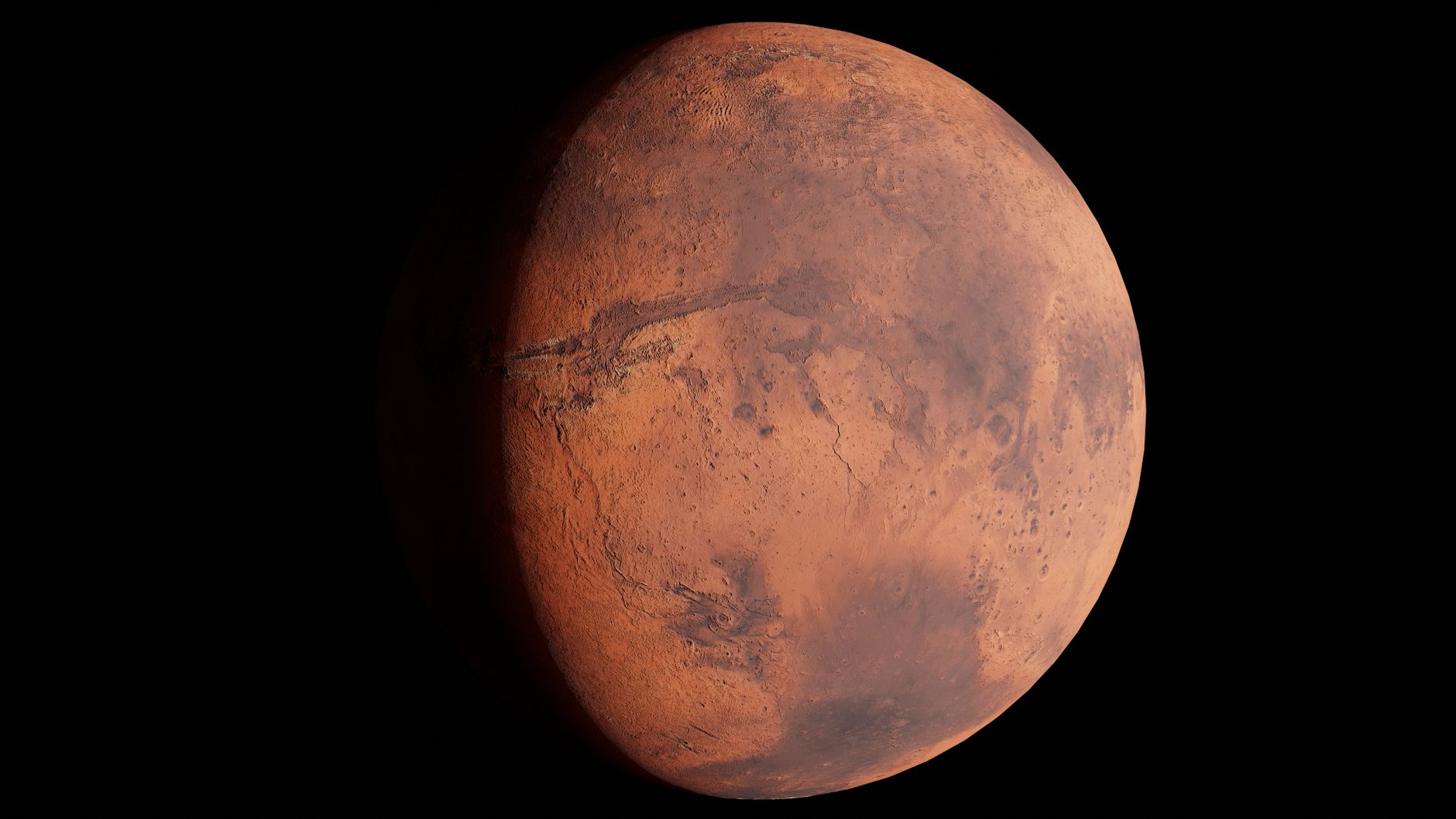 Mars w zbliżeniu, wyraźne szczegóły powierzchni na czarnym tle kosmosu